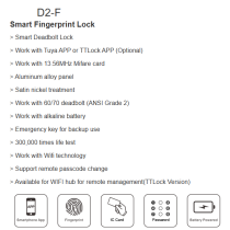 Secukey D2-F Smart Fingerprint Lock. Battery Powered. Wifi Tuya App.